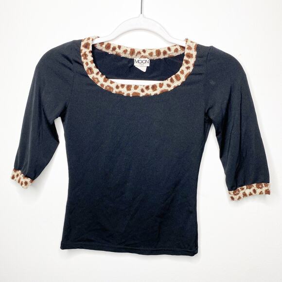 Vintage White Moon Womens Size S Leopard Trim Stitch 3/4 Sleeve Top - Picture 1 of 4